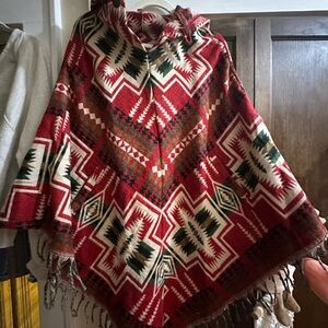 Wool Red Geometric Patterned Poncho